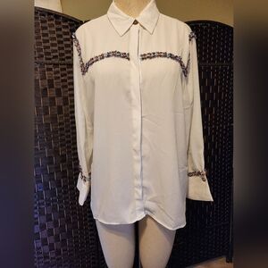 Zara White Blouse with Multicolor Fringe Accents